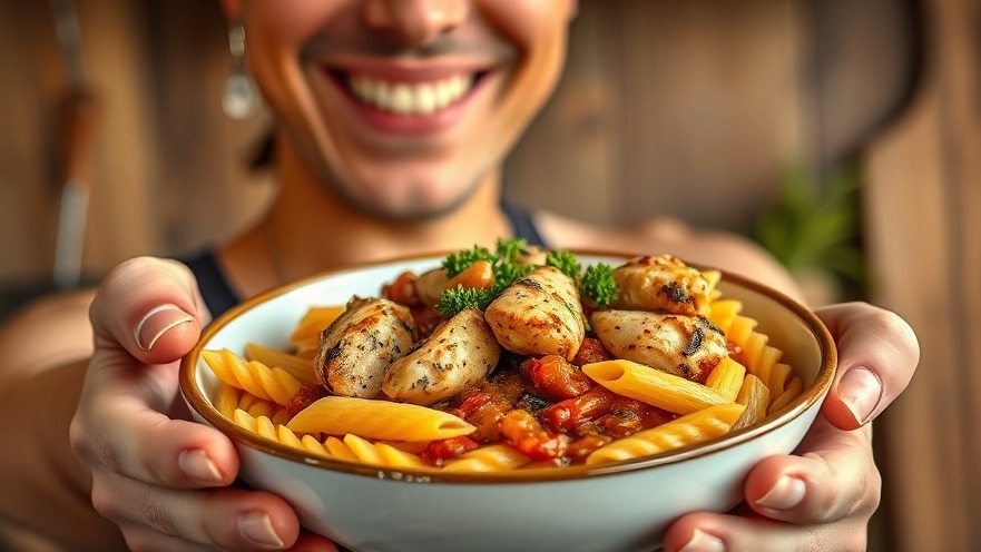 Vibrant bowl of plant-based recipes with vegan chicken and rigatoni pasta.