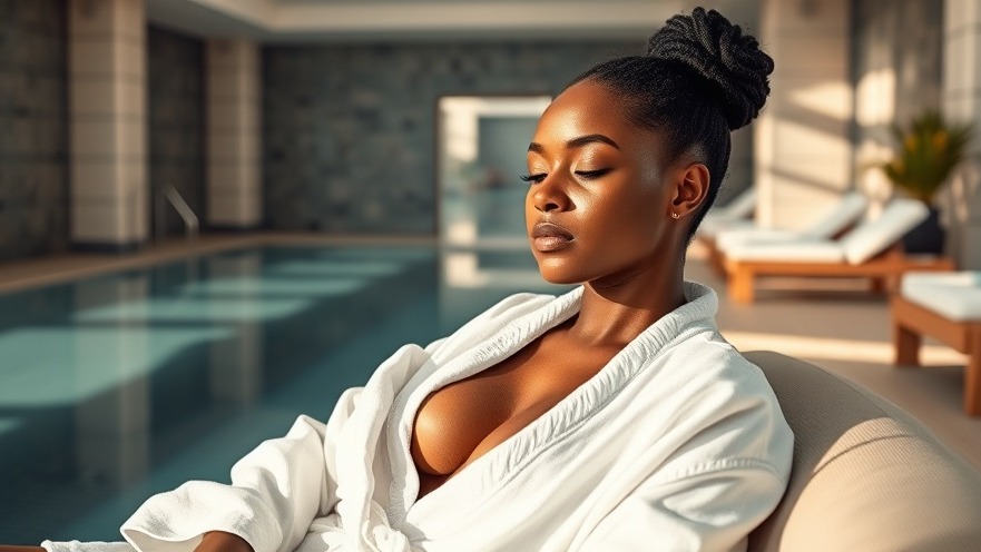 Elegant spa setting showcasing East Coast wellness; serene Black woman in luxury robe.