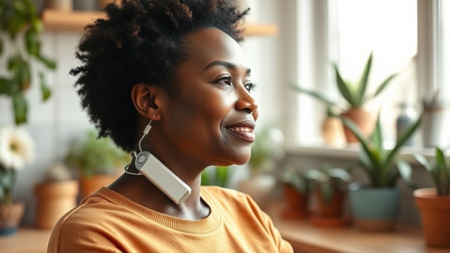 Thoughtful African American woman using transcranial stimulation device for mental health.