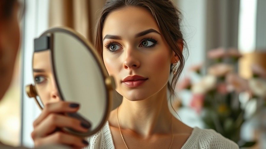Contemplative woman examining her double chin, exploring facial fitness and natural remedies.