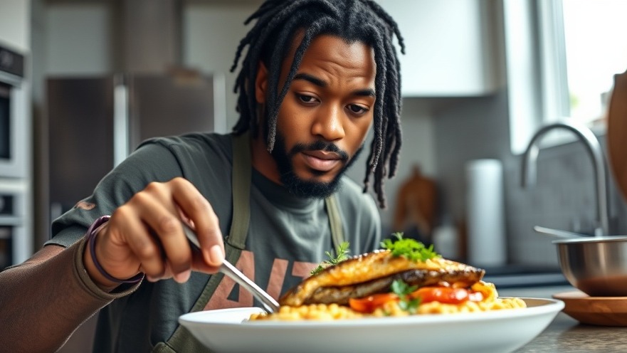 Young man cooking a vibrant dish of non-enriched grits and fish, highlighting healthy meal ideas.
