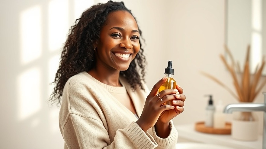 Smiling Black woman in cozy outfit holding hydrating face oils in bright bathroom.