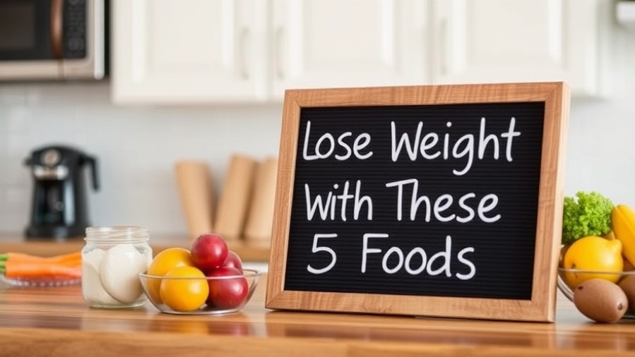 A kitchen sign promoting weight loss tips with 5 healthy foods.