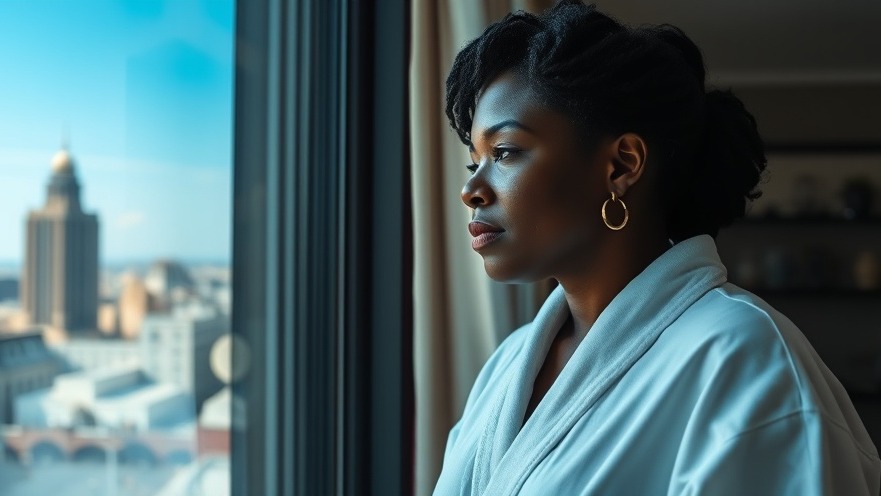 Middle-aged black woman in a white robe embracing self-love and joy in solitude.