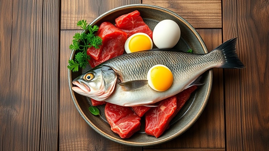 Raw red meat, fish, and eggs on wood for dietary changes for cancer prevention.
