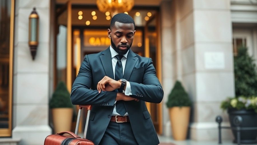 A Black man in business casual attire at an elegant hotel, ready for intentional travel and self-discovery.