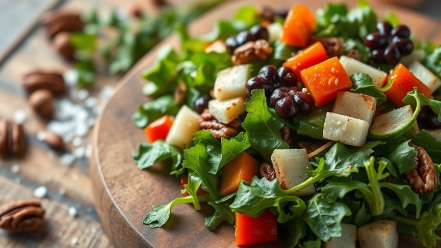 Hearty comfort food salad featuring vibrant vegetables on a rustic cutting board.