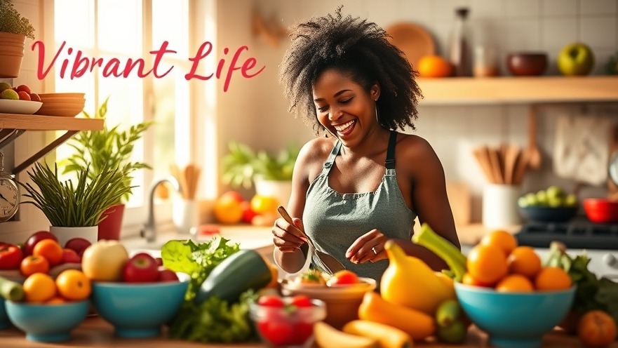 Vibrant Living kitchen scene with a Black woman preparing healthy meals, celebrating holistic health.