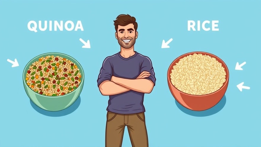 Confident man illustrating healthy food swap: quinoa for rice, promoting healthier diets.