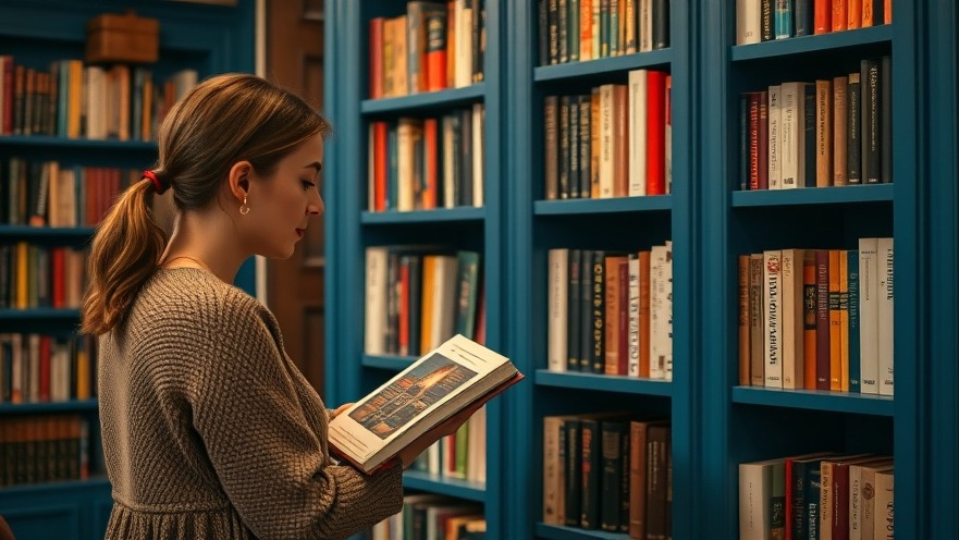 A woman browsing an inviting blue bookshelf, exploring the best books for reading slump.