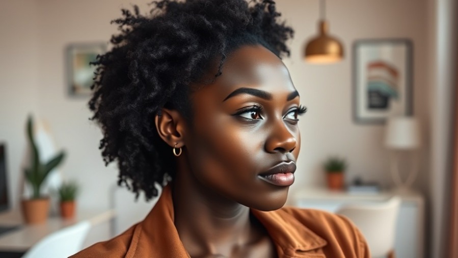 Calm Black woman in a modern apartment, prioritizing peace in life.