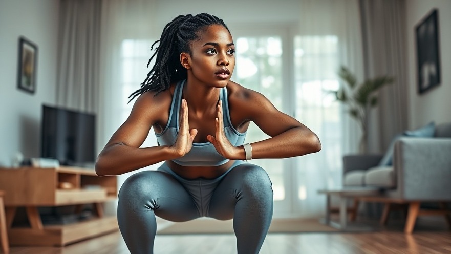 Young Black woman practicing proper squat technique indoors, showcasing exercise benefits.