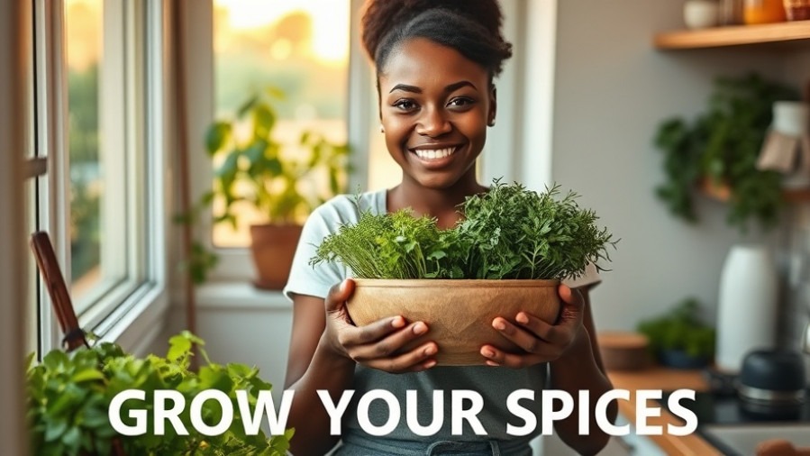 Happy young adult in kitchen holding fresh herbs from a home gardening setup.