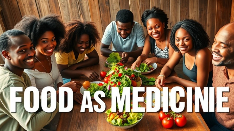 Diverse group of Black adults joyfully sharing a vibrant salad, highlighting healing through nutrition.