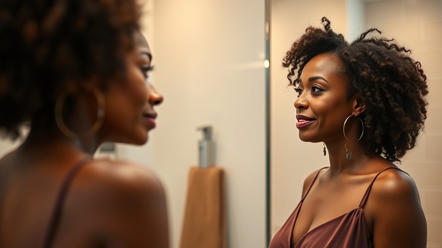 Empowered Black woman over 50 reflecting on self-love and personal growth in a serene bathroom.