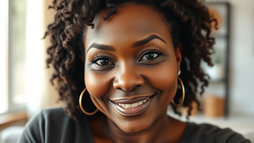 Confident mature Black woman embodying self-acceptance and inner beauty in a modern home.