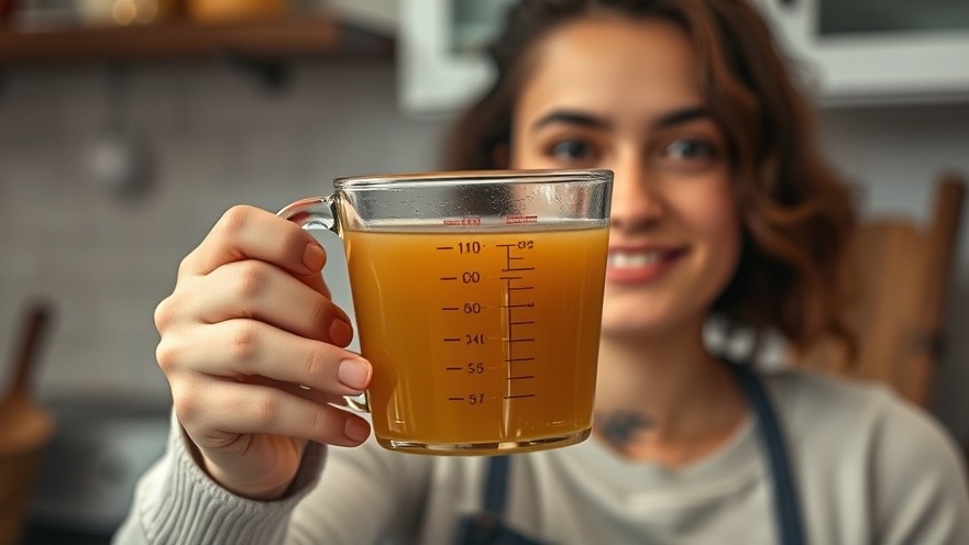 Young adult holding glass measuring cup of vegan bone broth in cozy kitchen, showcasing plant-based nutrition.