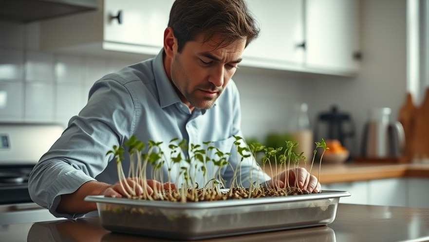 Handsome man observing growing sprouts on kitchen counter, embracing sustainable living.