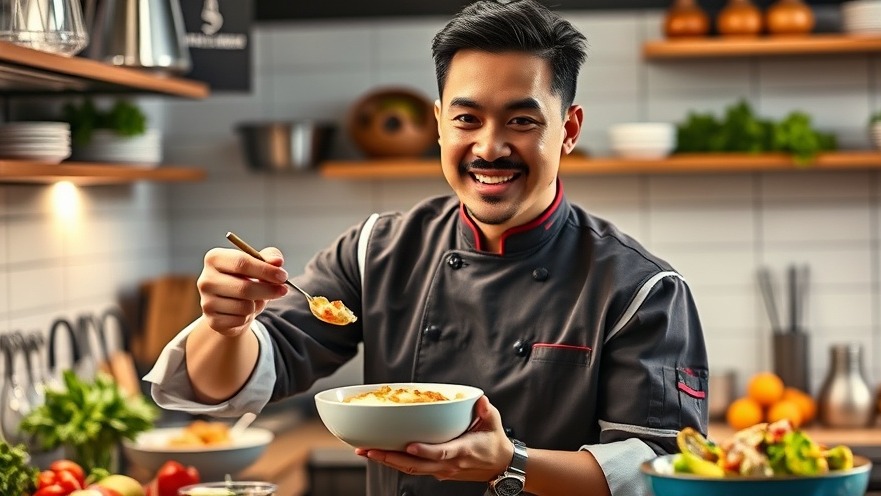 Professional Asian chef showcasing a healthy black lentil dip in a vibrant kitchen.