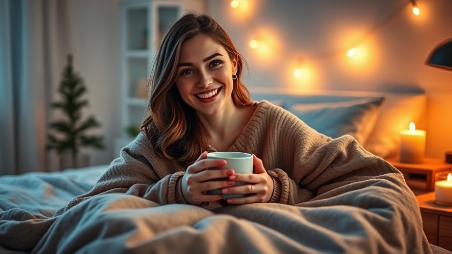 Cozy young woman enjoying holiday movie recommendations with a warm mug.