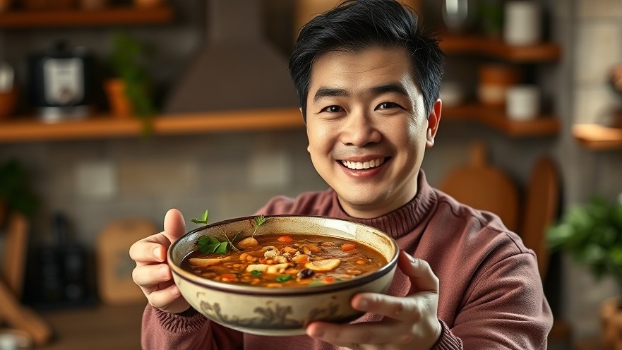 Clean-cut man holding lentil soup in a cozy kitchen, showcasing healthy recipes.