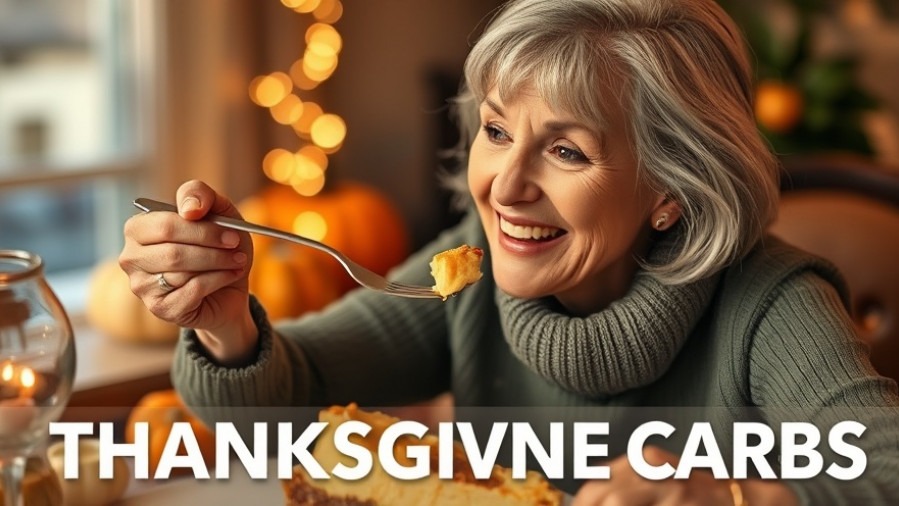 Mature woman joyfully enjoying pie at a warm Thanksgiving table, promoting healthy eating tips.