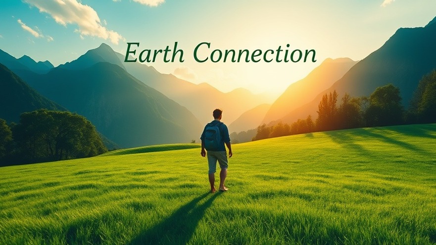 Traveler practicing grounding travel in a serene meadow with mountains, embracing nature's benefits.