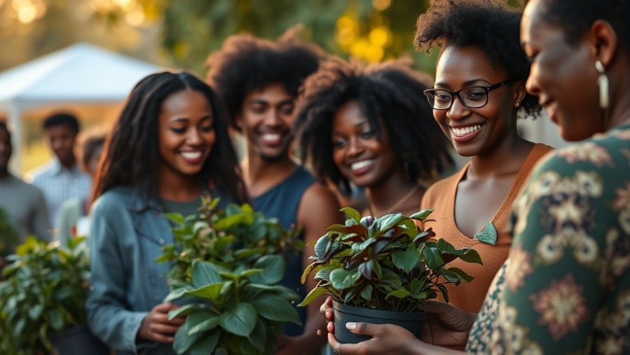 Diverse group of smiling Black people exchanging potted Leaf-of-Life plants for wellness.