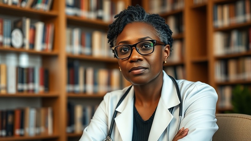 Confident Black female doctor promoting support for mental health in a cozy library.