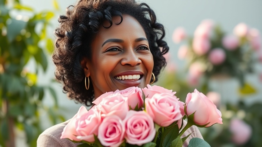 Radiant Black woman finding love after 50, holding pink roses in a serene, natural setting.