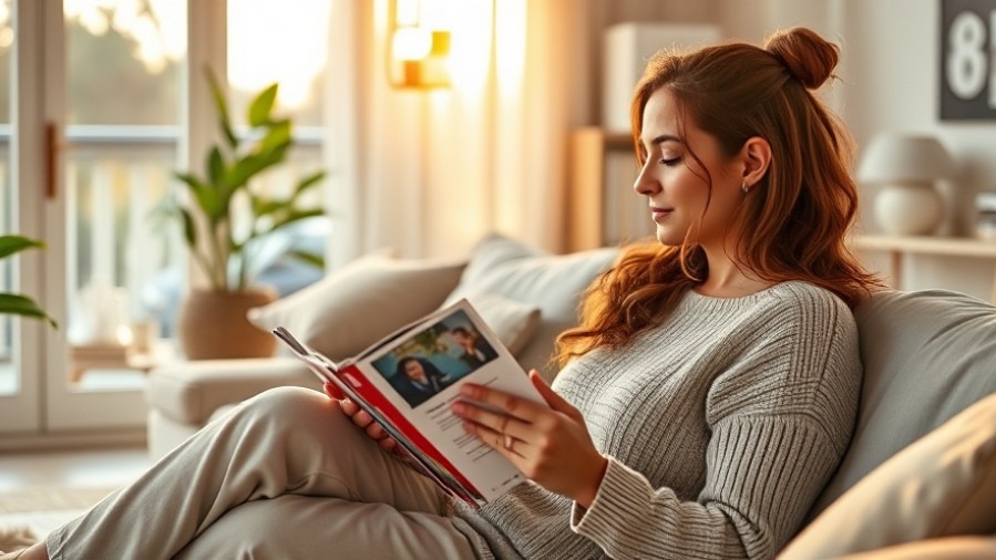 Relaxed woman in cozy living room practicing self-care rituals with magazine.