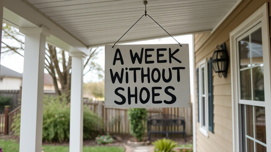 A sign reading 'A Week Without Shoes' on a porch promoting outdoor activities for mental health.