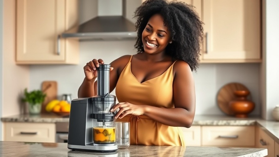Smiling Black woman in a tan dress juicing for health trends and weight loss strategies.