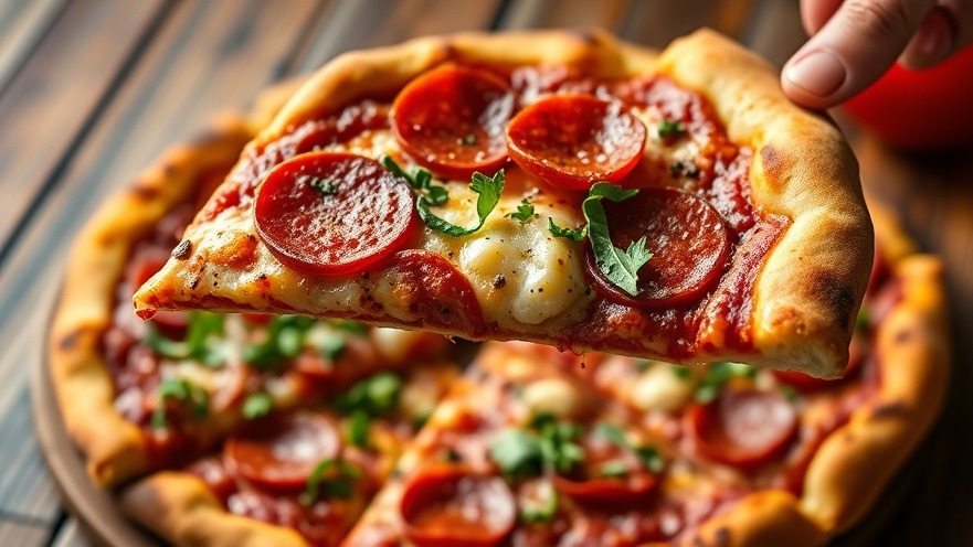Delicious vegan mozzarella pizza slice with colorful veggies lifted on wooden table.