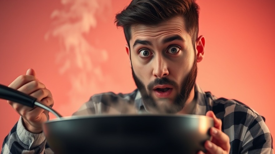 Surprised man with a frying pan, highlighting epigenetics and environmental chemicals.