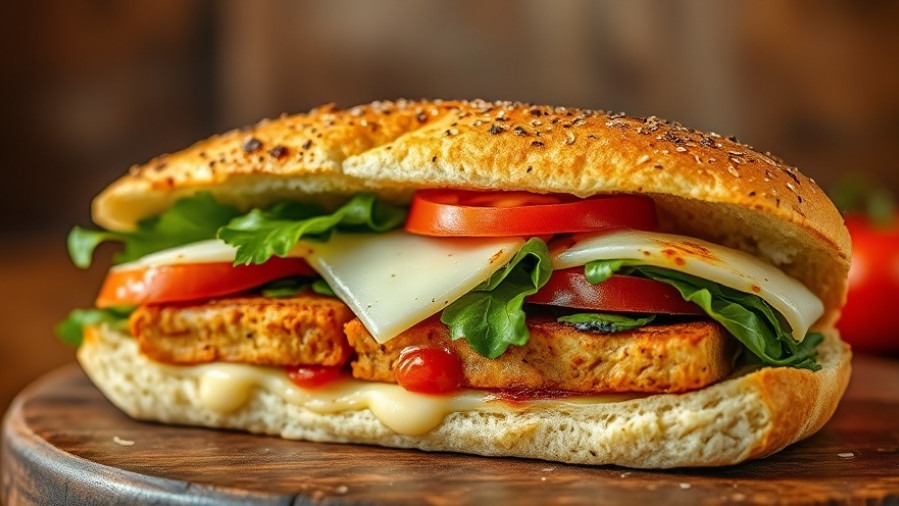 Lifelike vegan cooking image of a warm tofu hoagie with vibrant toppings.