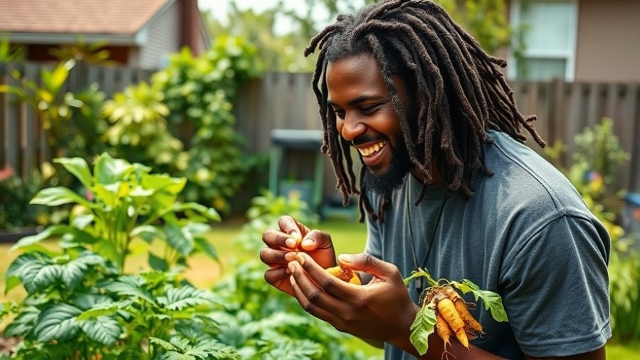 Black man smiling in a lush garden, picking turmeric roots for healthy living.