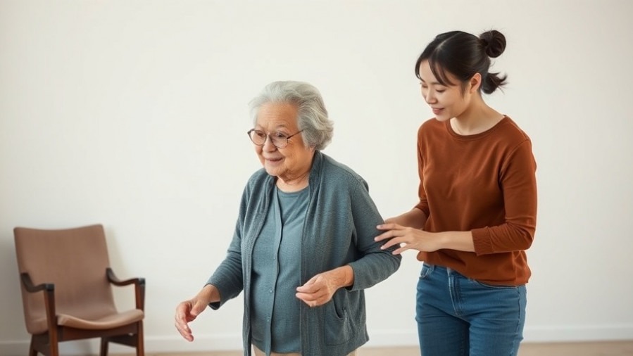 Elderly Asian woman and trainer engaging in senior fitness routines for heart health.
