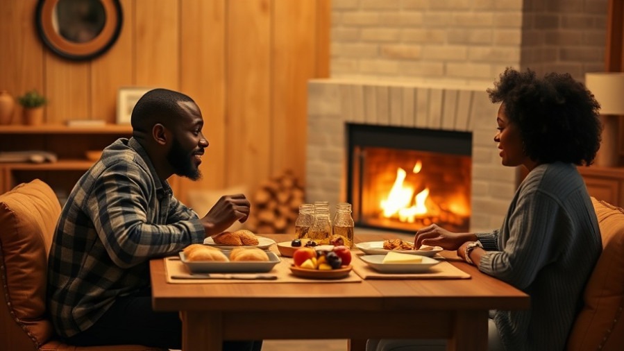 A cozy November self-care ritual: A Black couple sharing comfort food by the fireplace.