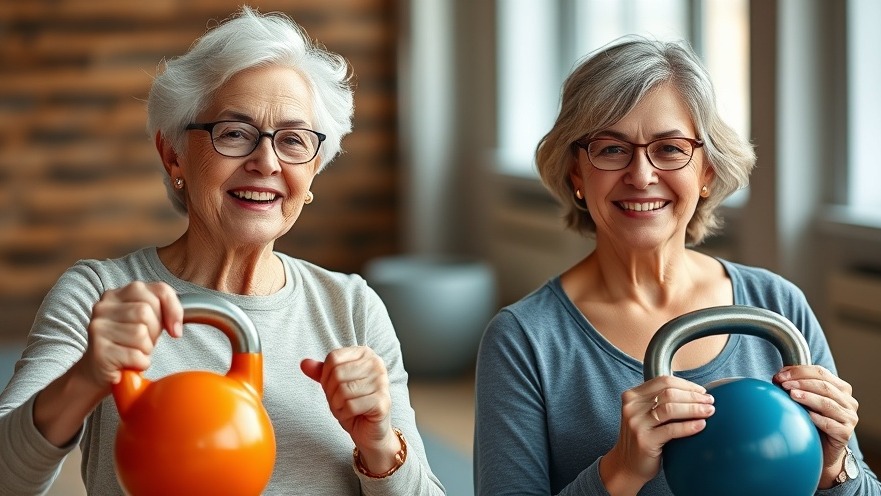 Elderly woman and daughter enjoy strength training with kettlebells, promoting health for seniors.