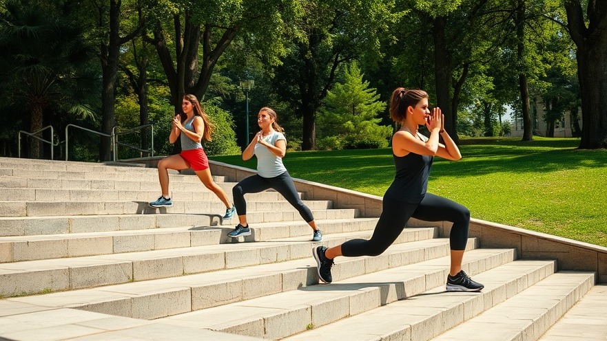 Dynamic individuals performing knee health exercises on stone steps in a vibrant park.