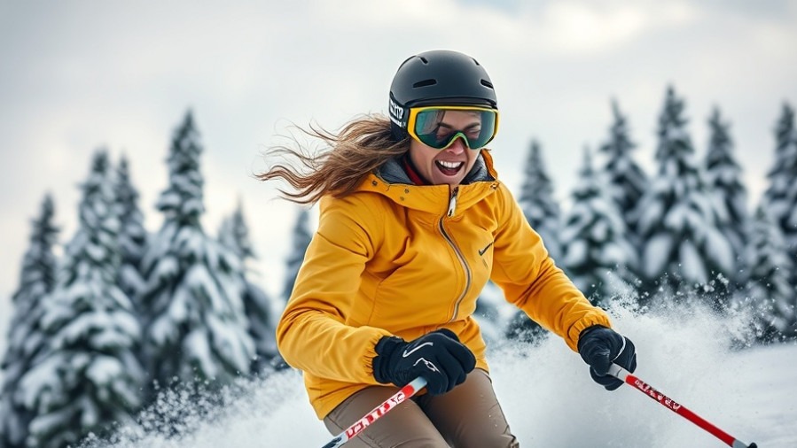 Energetic woman skiing in yellow jacket, showcasing budget ski vacations amidst snow-covered trees.