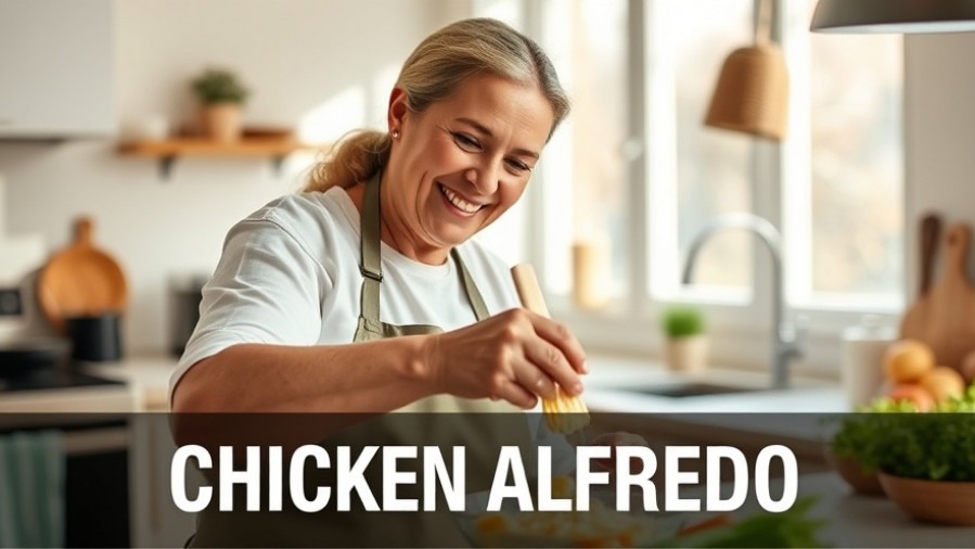 Joyful home cook stirring Chicken Alfredo, embodying comfort food in a bright kitchen.