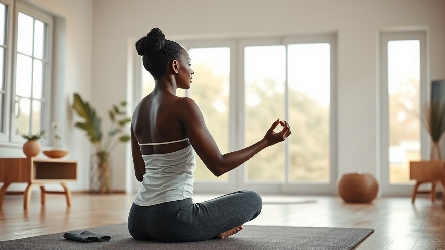 Black woman practicing yoga for stress relief in a serene, naturally lit room.