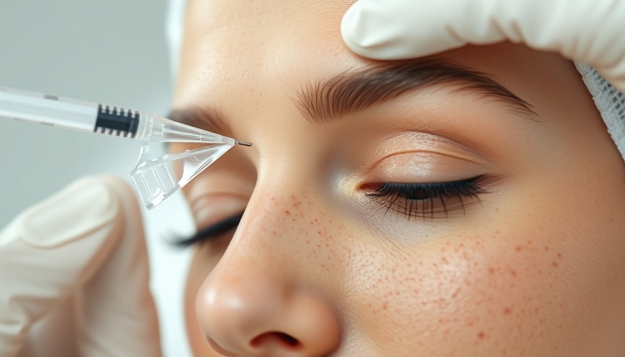 Letybo neuromodulator injection on freckled forehead close-up.