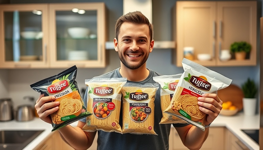 Man displaying various types of vermicelli in a kitchen.