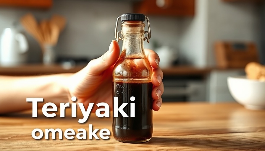 Hand holding homemade teriyaki sauce bottle on wooden counter