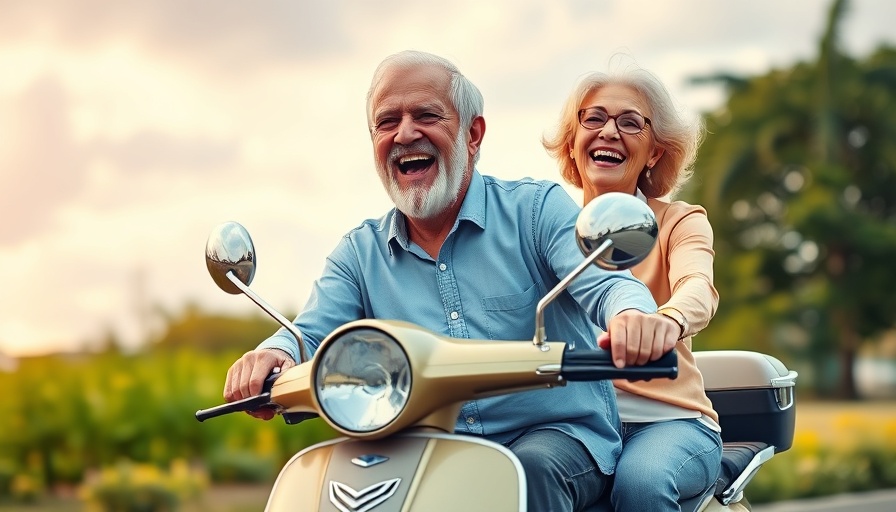 Joyful older couple riding a scooter, celebrating health span.
