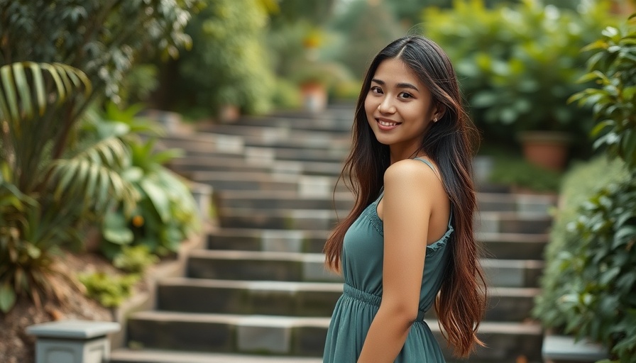 Young woman in olive dress steps confidently in lush garden