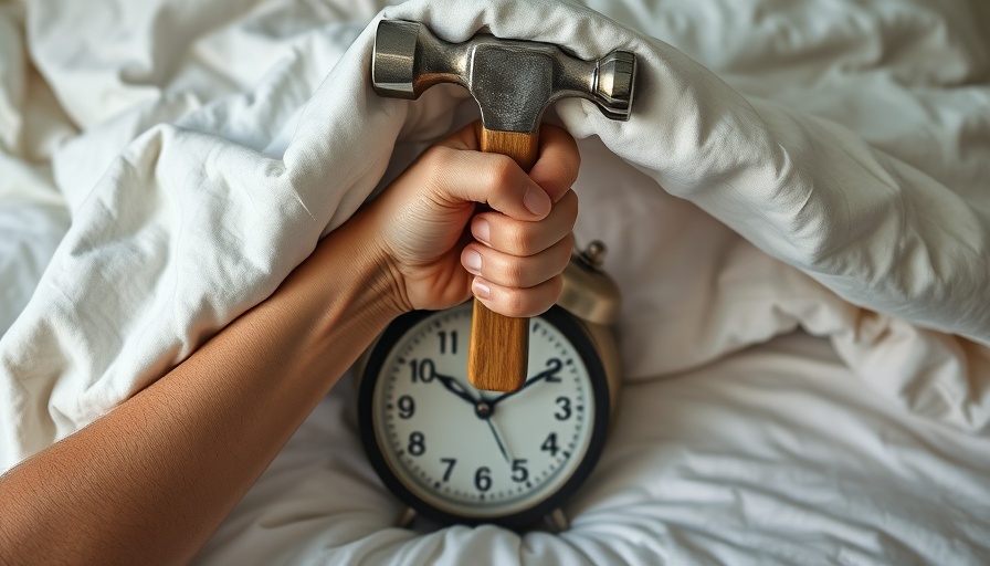 Person with hammer poised above alarm clock in bed, revenge sleep procrastination.